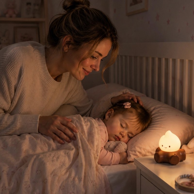 Maman heureuse de regarder bébé dormir et veilleuse bruit blanc