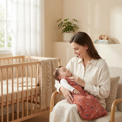 maman heureuse regarde bebe dans sa gigoteuse bebe