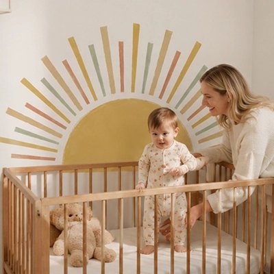 Maman joue avec bébé devant stickers muraux enfant
