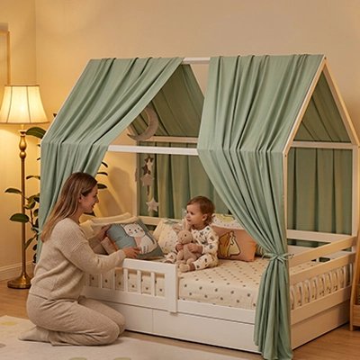 Maman joue avec bébé sous ciel de lit