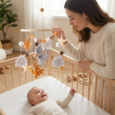 maman joue avec bébé touchant hochet mobile pour berceau
