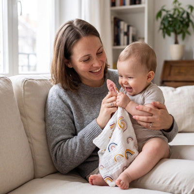 Maman joue doudou bébé
