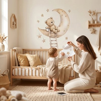 Maman montre à bébé étoile de stickers muraux pour chambre