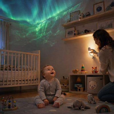 Maman montre à bébé le projecteur enfant
