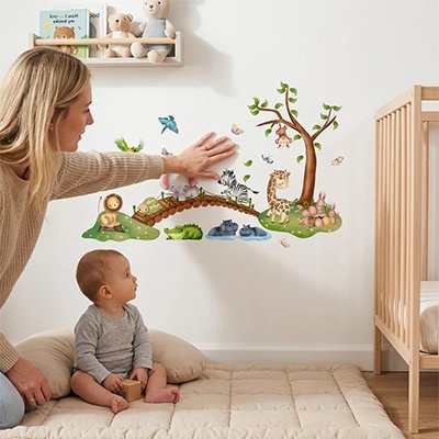 Maman montre le stickers muraux à bébé