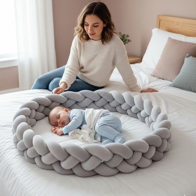 maman observe bebe couche entourant de tresse de lit bebe