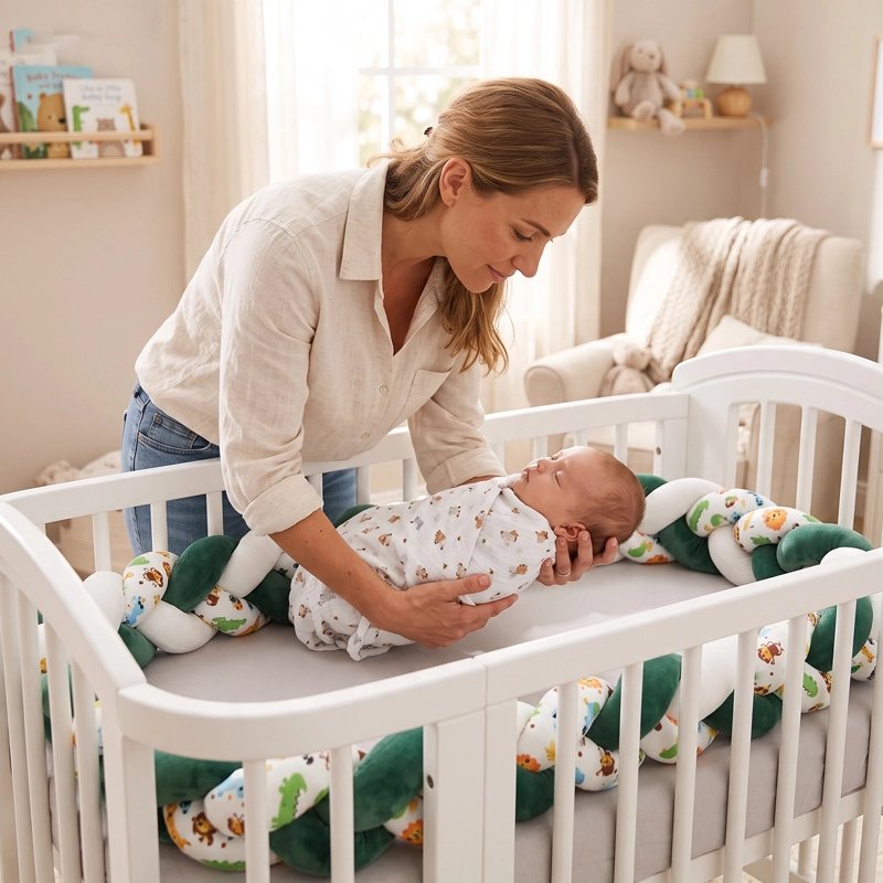 Maman place bébé dans lit avec tresse de lit bébé