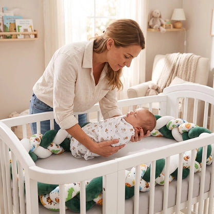 Maman place bébé dans lit avec tresse de lit bébé