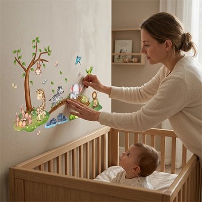 Maman place le stickers muraux