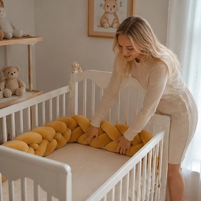 maman prepare le lit avec tour de lit tresse