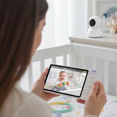 maman regardant bebe couche par camera bebe sans fil