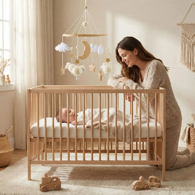 maman regardant bébé couche sous mobile pour bébé