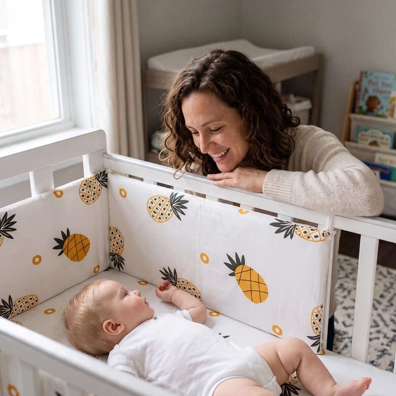 Maman regarde bébé dans tour de lit