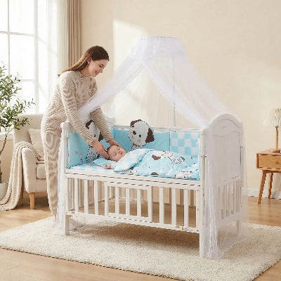 maman regarde bebe dormant ciel de lit avec support