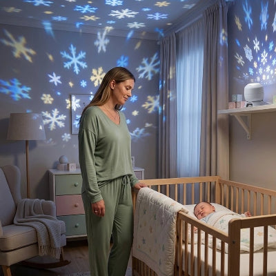 Maman regarde bébé dormant sous veilleuse à projection allumée