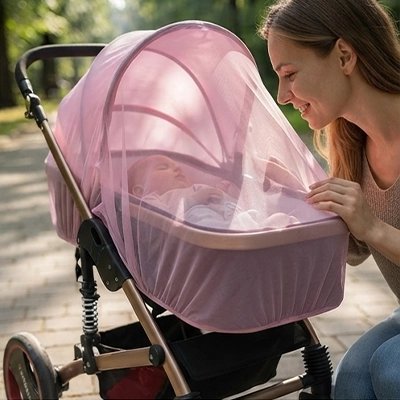 Maman regarde bébé par la moustiquaire poussette​ 