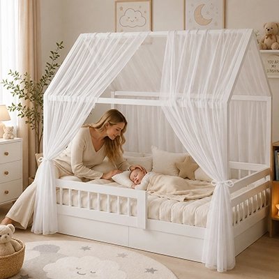 Maman regarde bébé qui dort sous ciel de lit enfant