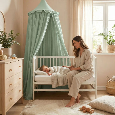 maman regarde bebe sous ciel de lit bebe avec support