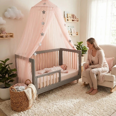 maman regarde bebe sous ciel de lit pour berceau bebe