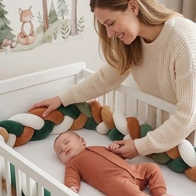 Maman regarde entouré de tresse de lit bébé