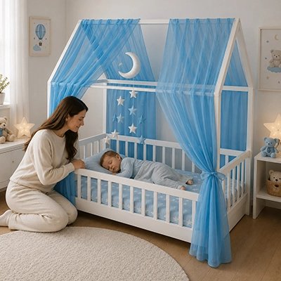 Maman regarde garçon dormant sous ciel de lit enfant
