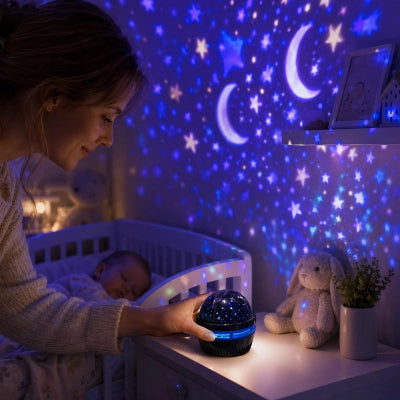 Maman règle le projecteur pour enfant