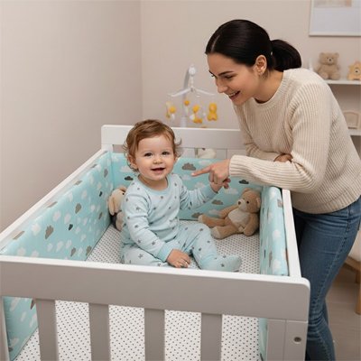 Maman souriant a bebe dans lit tour de lit bébé 