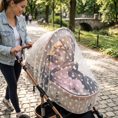 Maman sourit à bébé sous moustiquaire poussette​