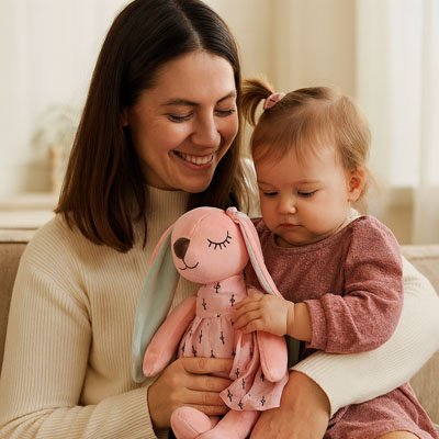Maman sourit voyant peluche lapin