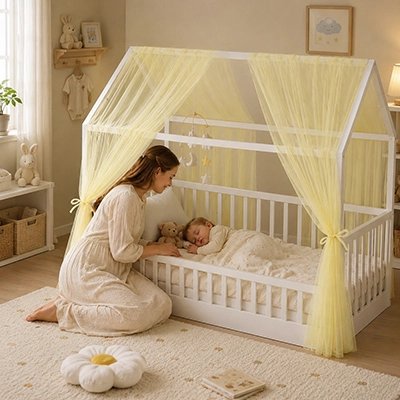 Maman surveille bébé sous ciel de lit enfant