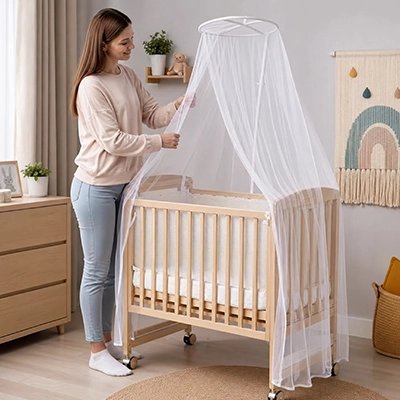  Maman touche berceau ciel de lit bebe