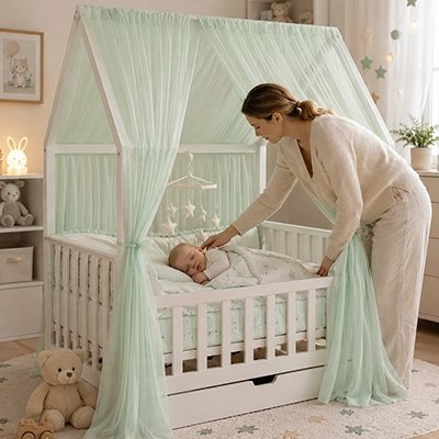 Maman verifie bébé dormant sous ciel de lit enfant