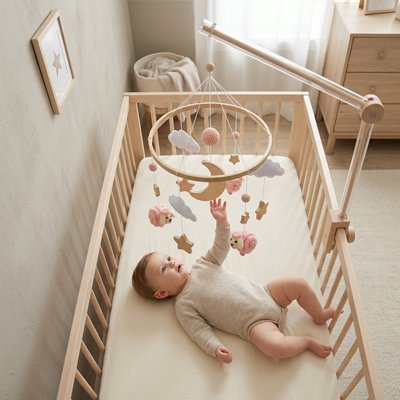 Mobile pour bébé fixé sur lit de bébé