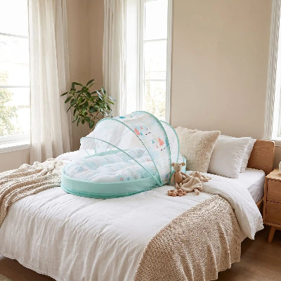 moustiquaire bebe pliante sur le lit