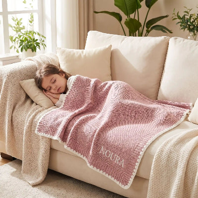 Noura dort sous couverture respirante personnalisée