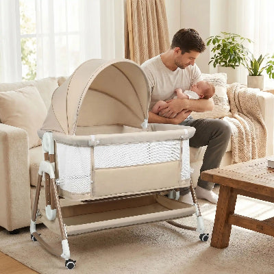 papa bebe assis cote berceau pliable