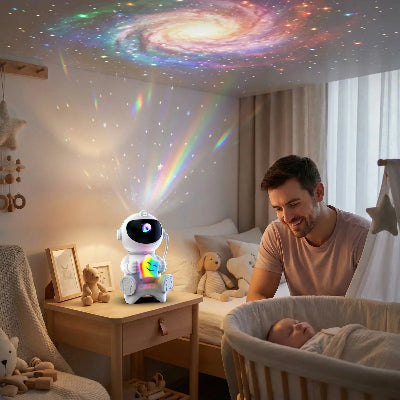 papa-bebe dans chambre avec veilleuse projecteur a bluetooh