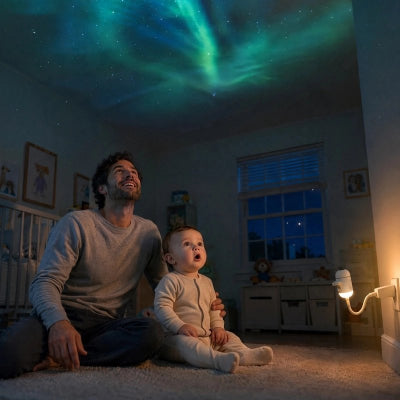 Papa et bébé assit observant projecteur enfant