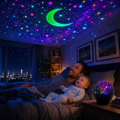 Papa et bébé heureux sous la veilleuse bébé projecteur