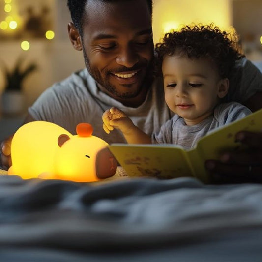 papa et bebe lisant avec veilleuse bebe