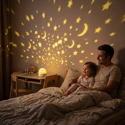 Papa et bébé regardent le projecteur enfant