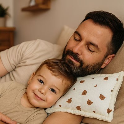 papa et garcon dormant sur oreiller bebe