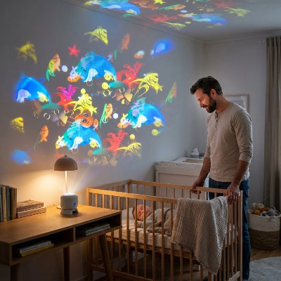 Papa heureux de voir bébé qui dort sous veilleuse à projection