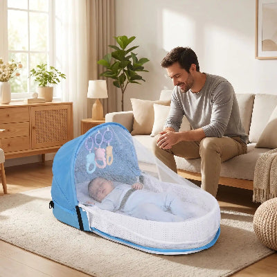papa heureux voyant bebe dans lit bebe en toile