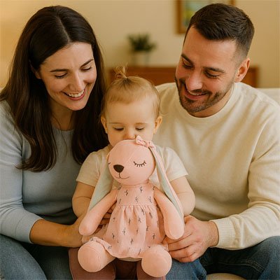 Papa maman regardant bébé avec peluche lapin