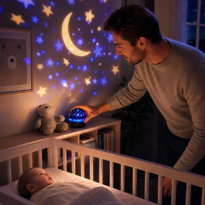 Papa met en marche le projecteur pour enfant