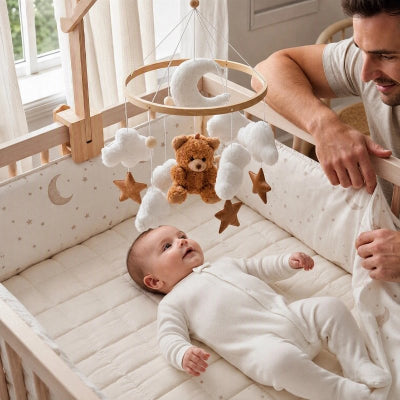 Papa observant bébé sourit à mobile bébé