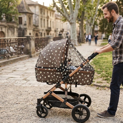 Papa pousse bébé dans poussette protégé par moustiquaire poussette​