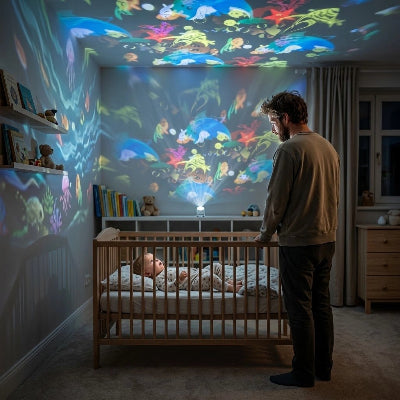 Papa regarde bébé sous veilleuse à projection allumée