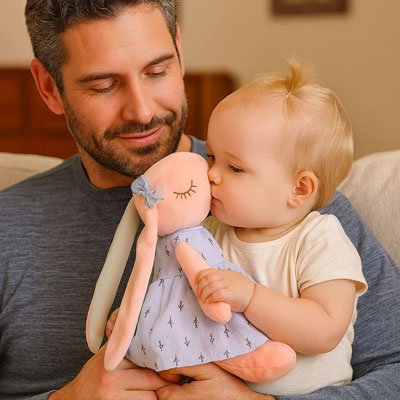 Papa regarde bébé tenant peluche lapin